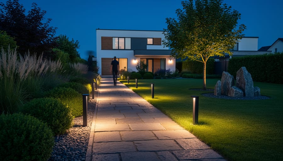 Smart solar spotlights illuminating garden features including ornamental plants and hardscaping at night