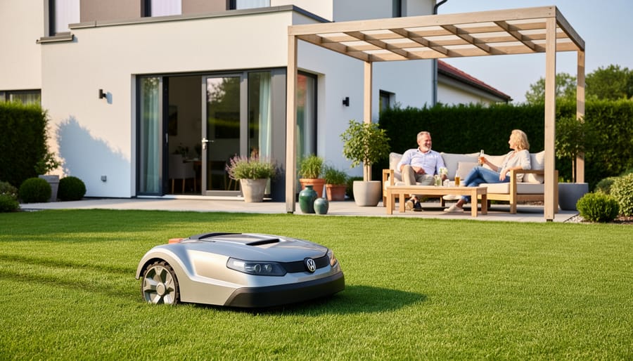 Robotic lawn mower operating on green residential lawn