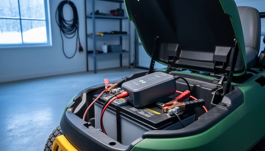 Close-up view from above of a 5-amp battery maintainer with red and black clamps attached to a riding lawn mower battery in a winter garage, soft cool daylight, blurred shelves and mower deck, and snow visible through a frosted window, no text or logos.