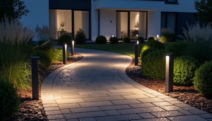 Low-voltage LED landscape light illuminating garden pathway at dusk