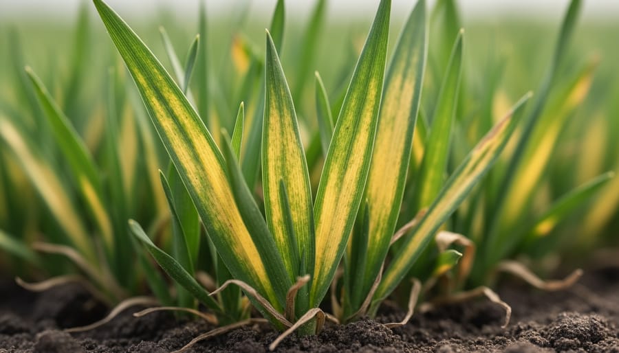 Grass blades showing yellowing between veins indicating nutrient deficiency