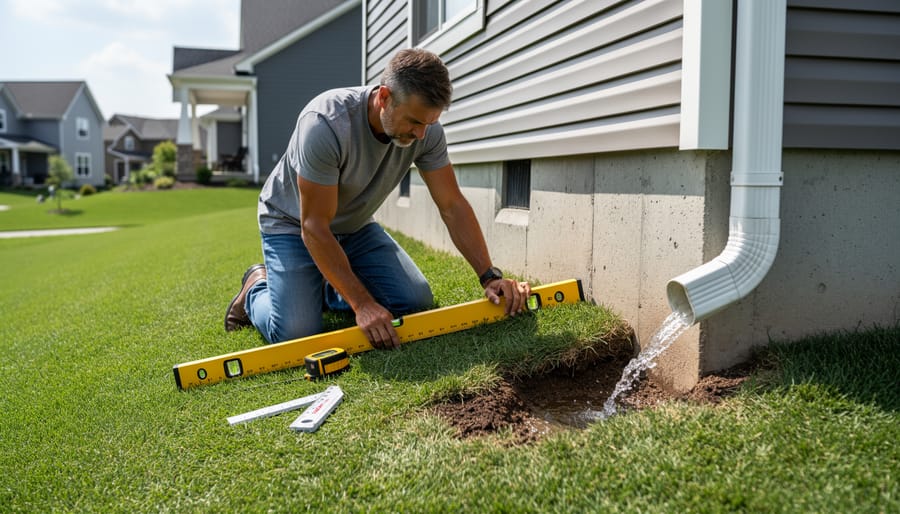 Homeowner using level tool to measure yard slope and grade near foundation