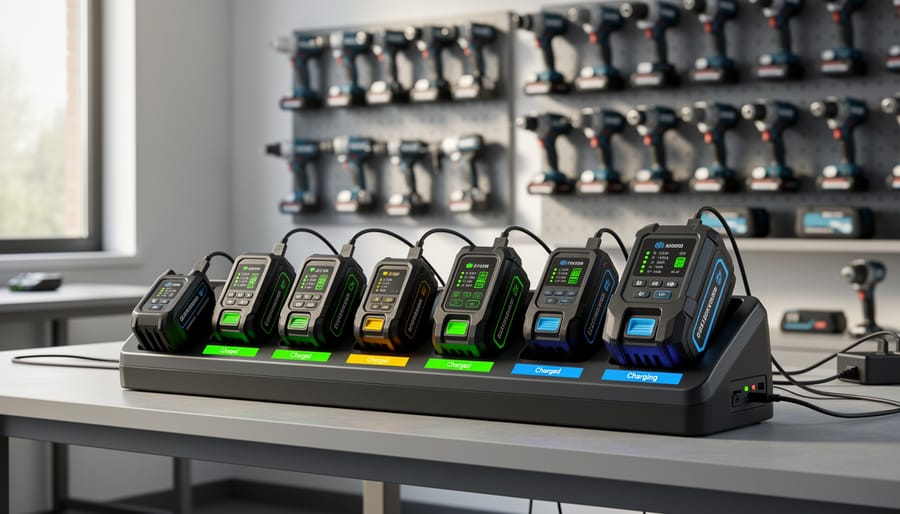 Organized garage charging station with multiple lawn equipment batteries