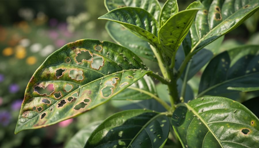 Close-up of damaged ornamental rose leaves showing pest feeding damage and holes