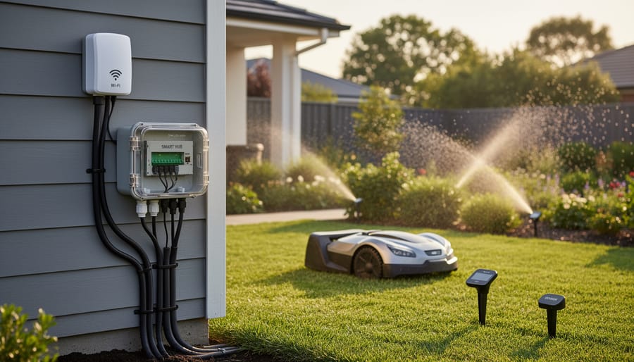 Weatherproof mesh WiFi node mounted on wooden fence post in backyard
