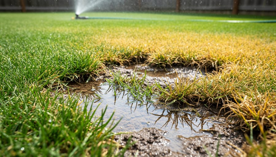 Overhead view of overwatered lawn showing fungal disease patches and water pooling