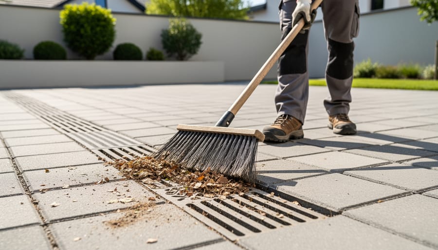 Person sweeping debris from between permeable paver joints during routine maintenance