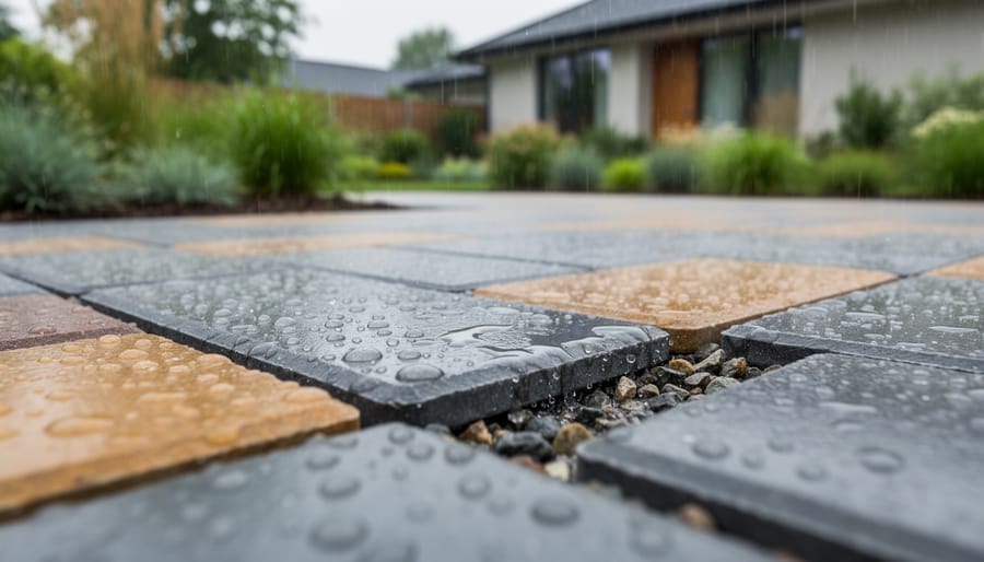 Low-angle close-up of a permeable interlocking paver patio in light rain, with droplets soaking through joints as a suburban home and native garden blur in the background under soft overcast light.