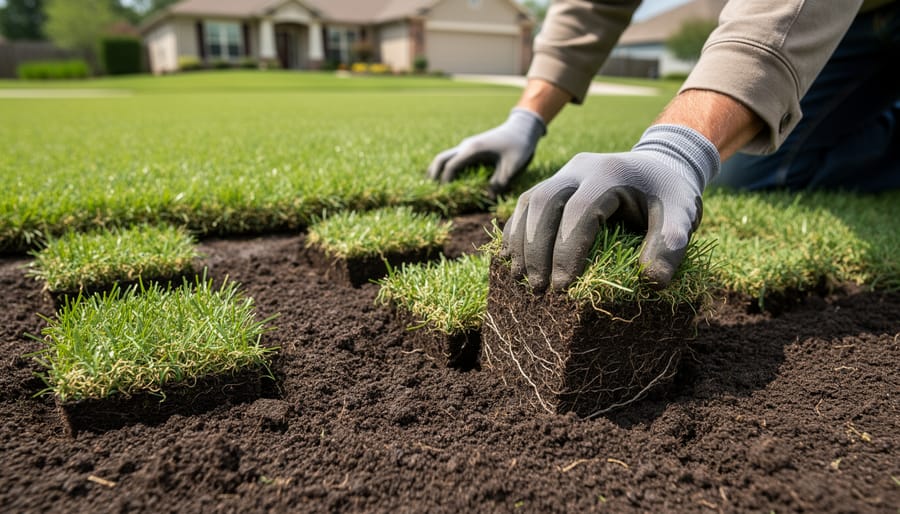 Gardener's hands planting zoysia grass plug into prepared soil
