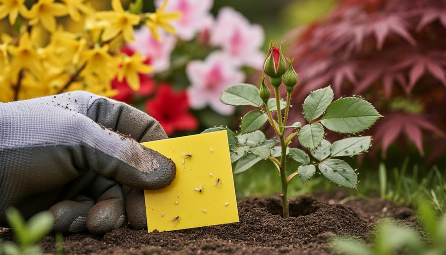 Gloved hand placing a yellow sticky trap beside a budding rose bush, with a few whiteflies on the card and aphids on fresh rose growth; blurred forsythia blooms and azalea shrubs in the background under soft daylight.