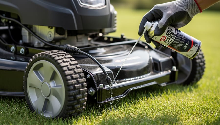 Person performing preventive maintenance by lubricating lawn mower cables and components