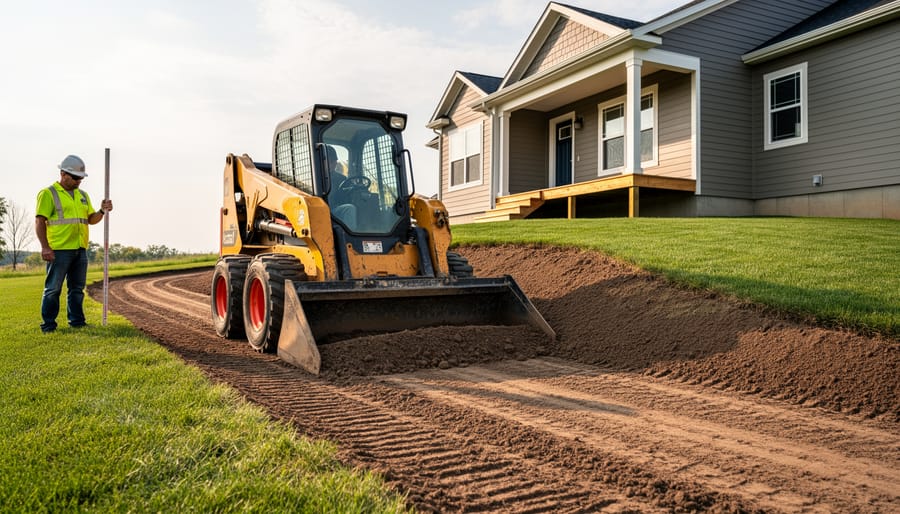 Compact excavator performing yard grading work at residential property