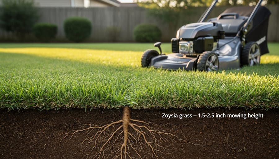 Well-maintained zoysia grass lawn at proper mowing height showing dense healthy turf