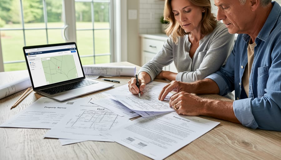 Homeowner reviewing property survey documents and deed papers