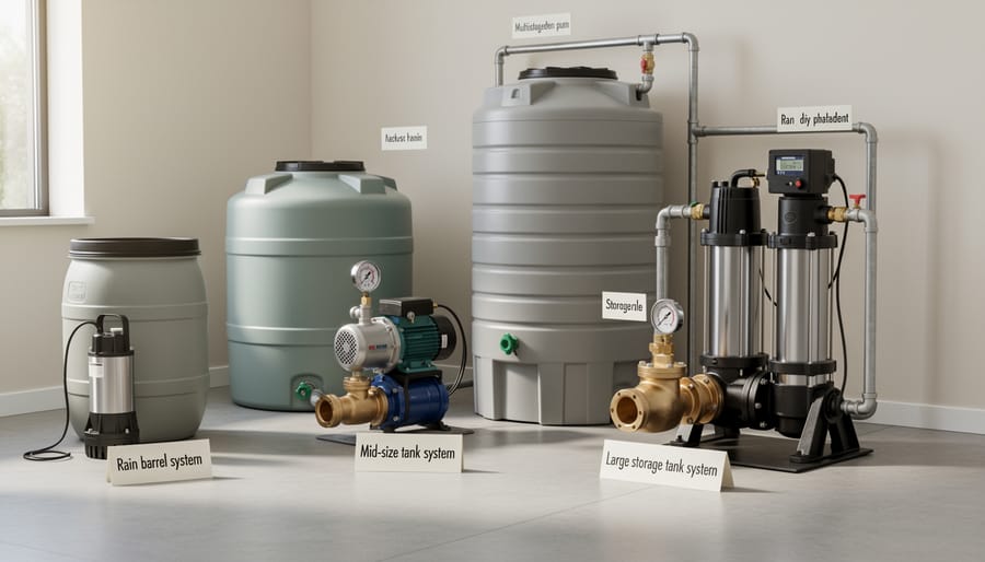 Three types of rainwater pumps including submersible, surface, and pressure tank systems