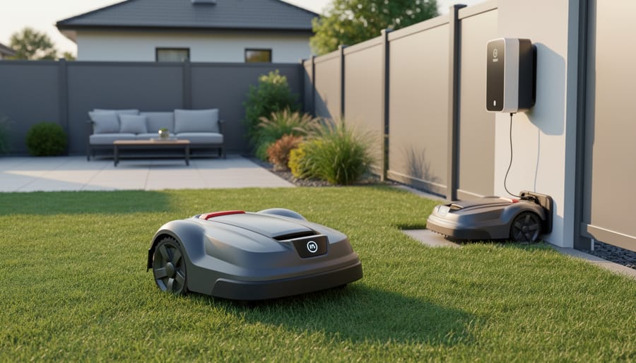 Close-up view of sensors and detection technology on robotic lawn mower