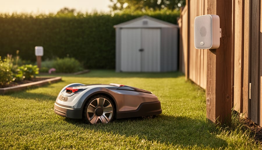 Robot lawn mower moving across a green backyard toward a weatherproof outdoor Wi‑Fi access point on a fence post, with a second node near a garden bed and a hedge and small metal shed softly blurred in the background under warm evening light.