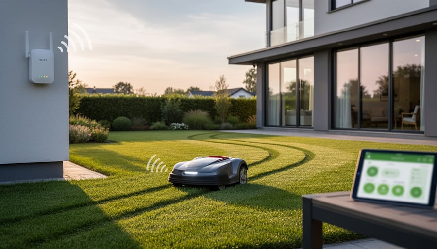 Robot lawn mower on grass next to mesh WiFi extender mounted on fence
