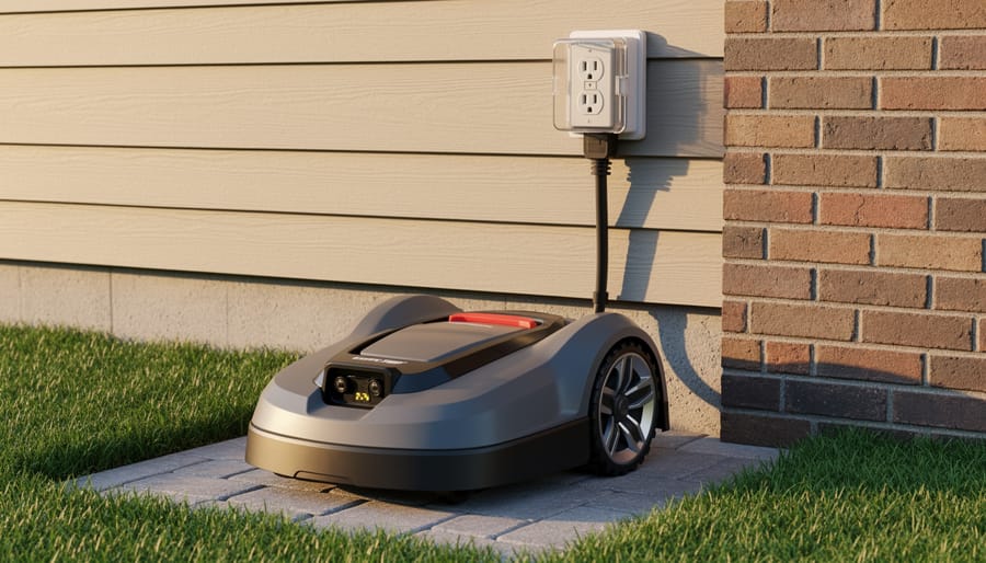 Robotic lawn mower docked at outdoor charging station in residential yard
