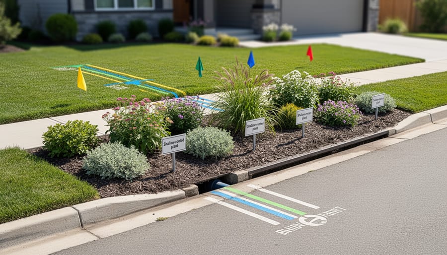 Homeowner planting shallow-rooted shrubs in yard near utility easement area