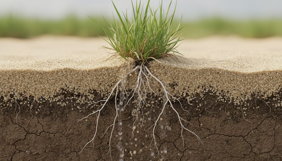 Close-up of grass roots growing in sandy soil showing drainage characteristics