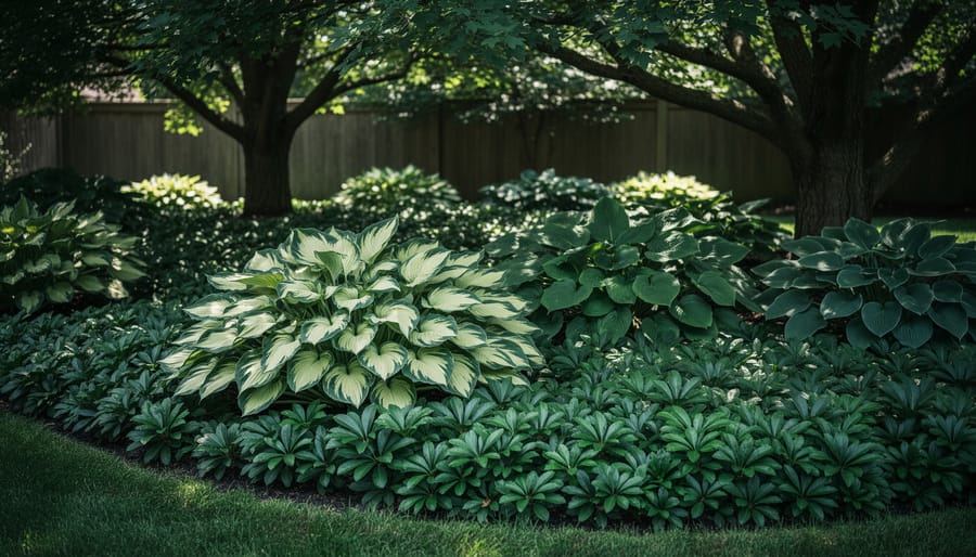 Shade-loving ground cover plants including hostas growing under dense tree canopy