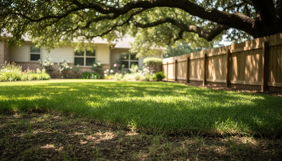 Low-angle photo of a backyard lawn beneath a mature oak tree, with thin grass in deep shade transitioning to denser turf in dappled light near a wooden fence; soft diffused daylight, background house and garden beds gently blurred.