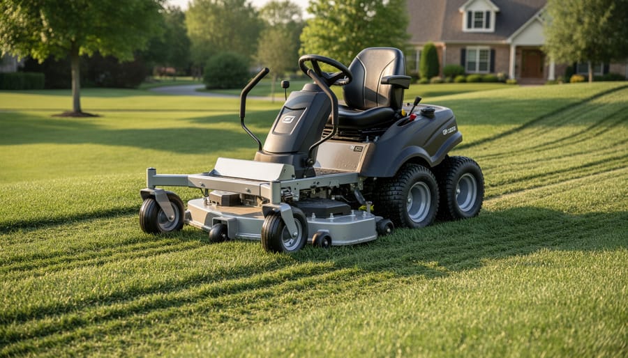 Side view of six-wheel ride-on lawn mower showing wheel configuration on sloped lawn