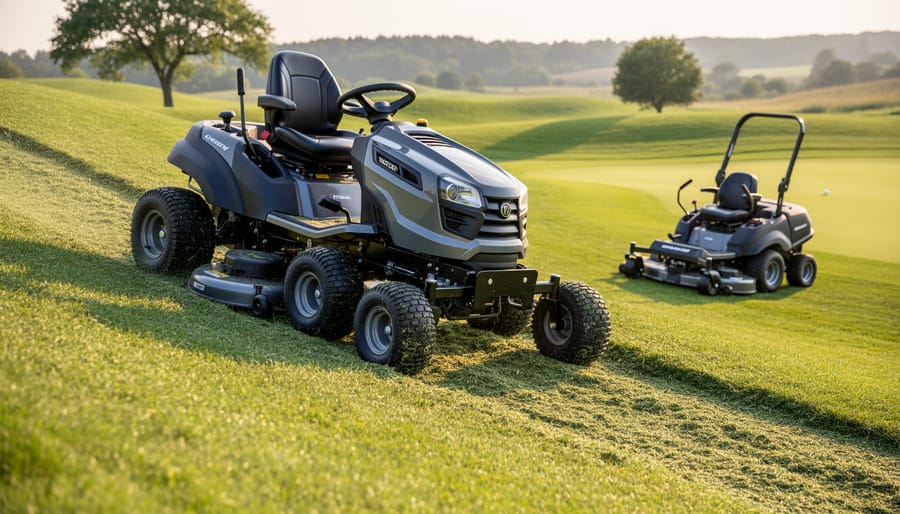 Six-wheel lawn mower operating safely on sloped hillside terrain with operator