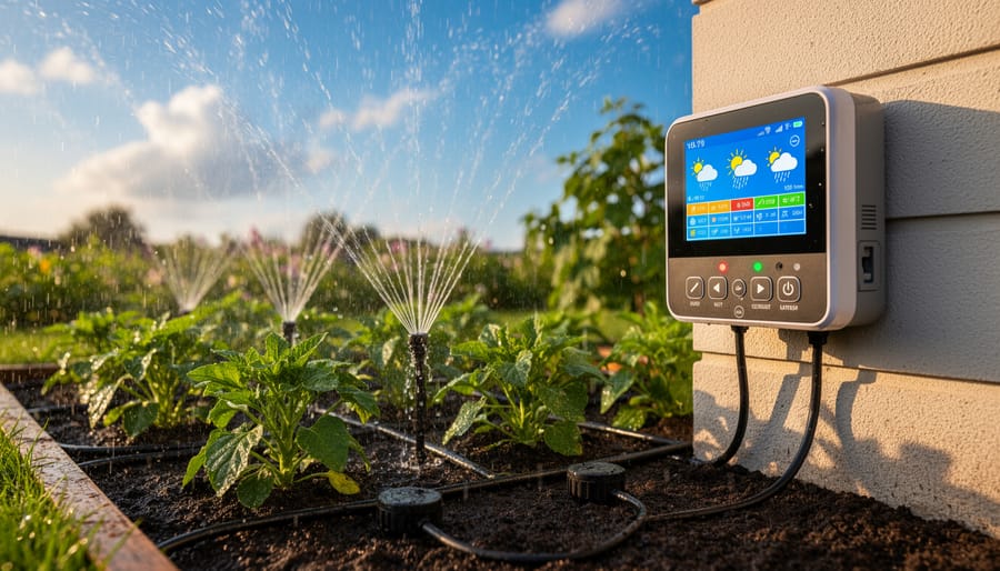 Person installing smart irrigation controller on exterior wall for efficient lawn watering