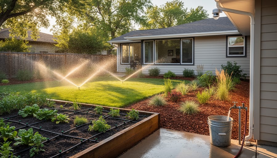 Wide view of a suburban backyard at golden hour with drip irrigation in a vegetable bed, rotary sprinklers on the lawn, a mulched bed of drought-tolerant plants, a small rain sensor on the gutter, and a five-gallon bucket near an outdoor spigot.
