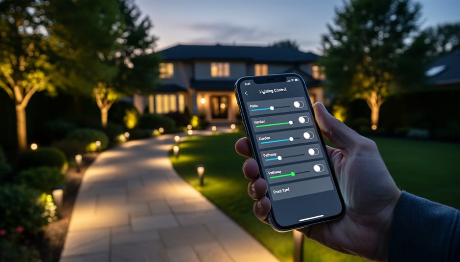 Person using smartphone app to control outdoor low-voltage lighting system