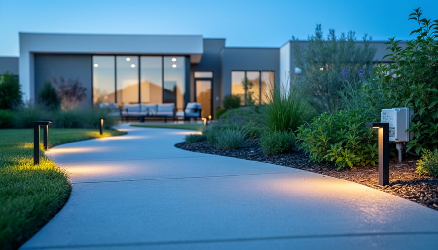 Low-angle view of low-voltage LED path lights illuminating a curved stone walkway in a modern landscaped yard at dusk, with warm glow, native plantings, discreet transformer near shrubs, and house softly blurred behind.