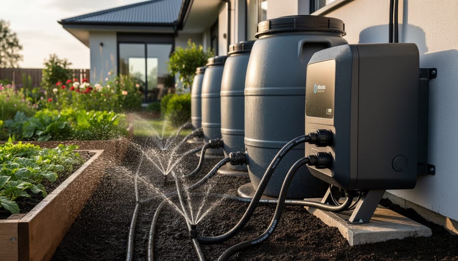 Modern rainwater irrigation pump installed next to rain barrel in garden