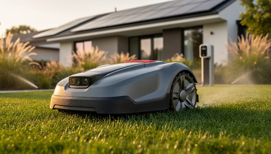 Low ground-level view of an autonomous robotic lawn mower cutting grass in a suburban backyard at golden hour, with a small charging dock, softly misting irrigation heads, native plants, and a house with solar panels blurred in the background