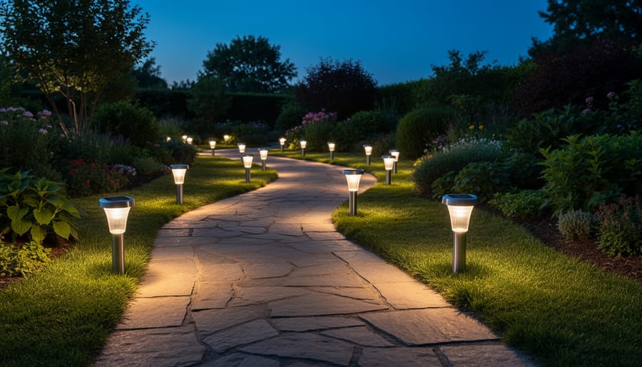 Smart solar pathway lights illuminating curved garden walkway at twilight