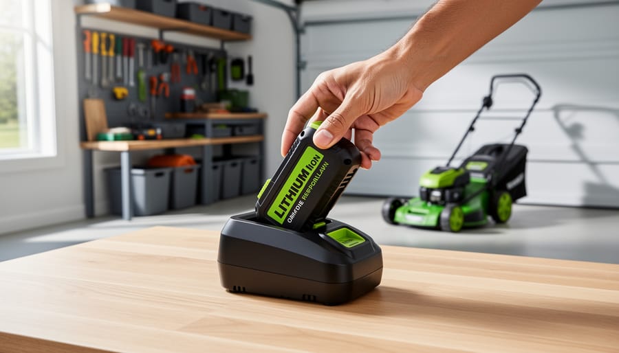 Hand mounting a lithium-ion lawn tool battery onto its manufacturer charger on a wooden workbench, with a cordless mower blurred in a bright, organized garage.