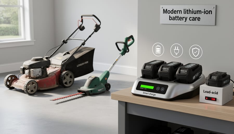 Lithium-ion lawn equipment battery connected to smart charger on workbench