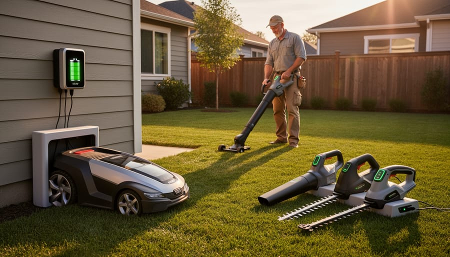Battery-powered lawn mower with removable battery pack in suburban yard