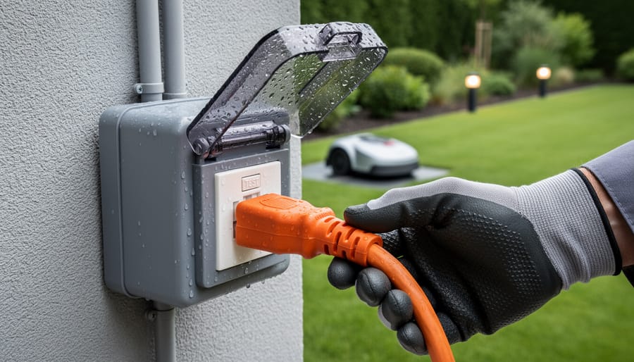 Gloved hand pressing the test button on a weatherproof outdoor GFCI outlet under a clear in-use cover with raindrops, an orange extension cord plugged in, and a blurred backyard showing a robotic mower dock, landscape lights, and conduit.