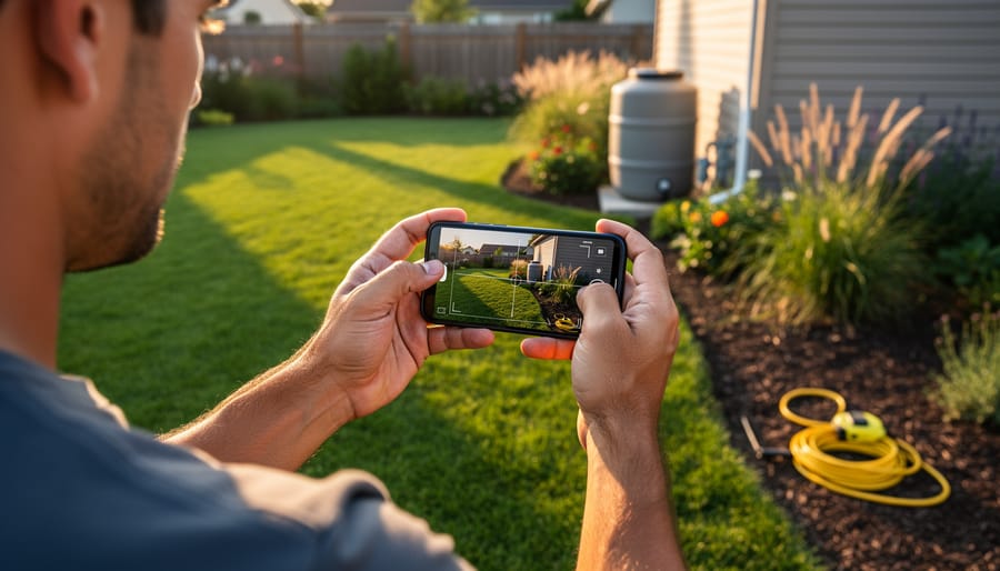 Over-the-shoulder, eye-level view of a person holding a smartphone to measure a suburban backyard; the screen shows a live camera view with subtle AR guideline lines and no text, illuminated by warm golden hour light, with lawn, native plant beds, a rain barrel, and a coiled tape measure softly blurred in the background.