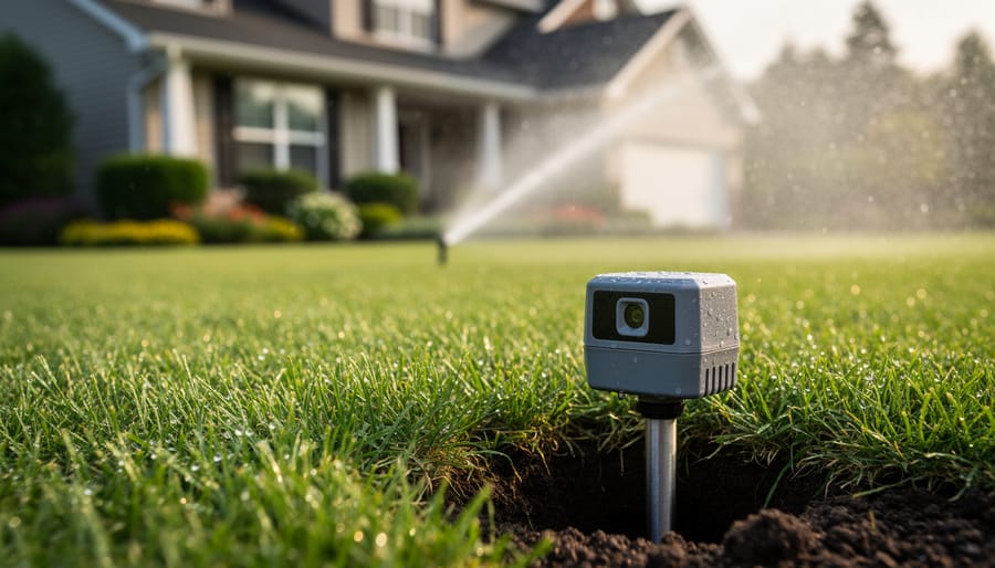 Soil moisture sensor probe installed in green lawn grass
