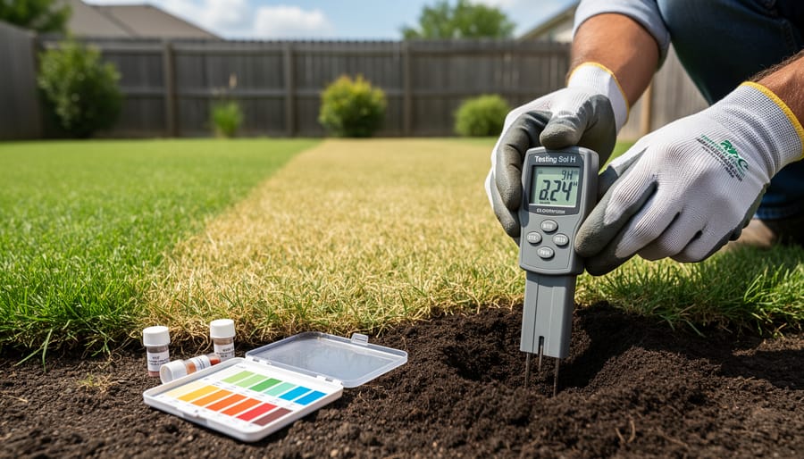 Soil pH testing meter in lawn soil next to healthy grass
