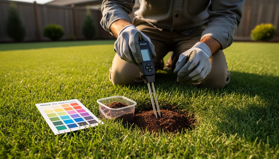 Homeowner using digital pH meter to test soil in residential lawn