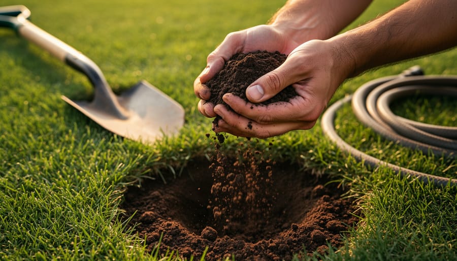 Close-up of a homeowner squeezing a moist handful of soil over a lawn, soil crumbling to reveal texture, with blurred grass, shovel, and hose in the background under warm golden-hour light.