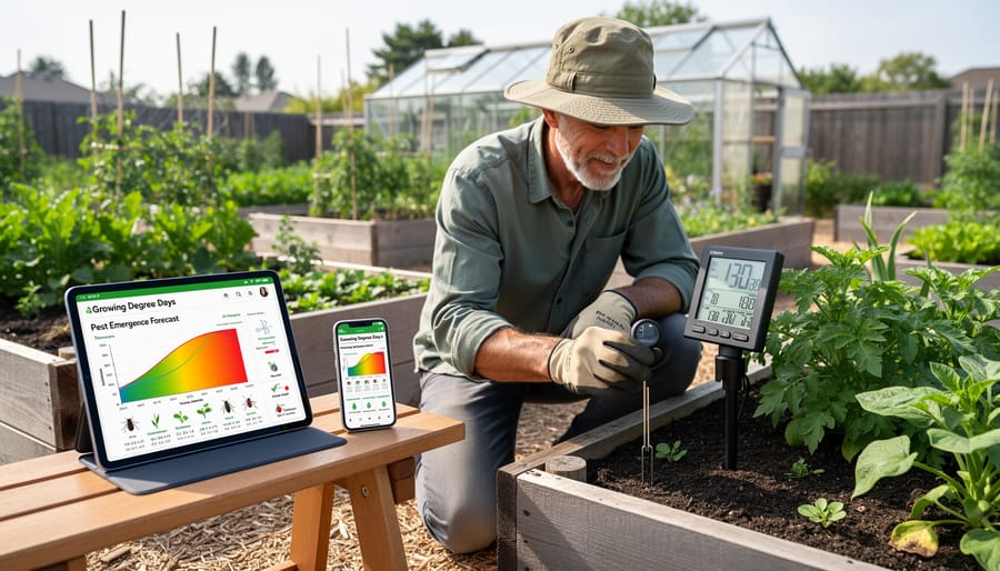 Digital soil thermometer measuring temperature in ornamental garden bed with flowering plants