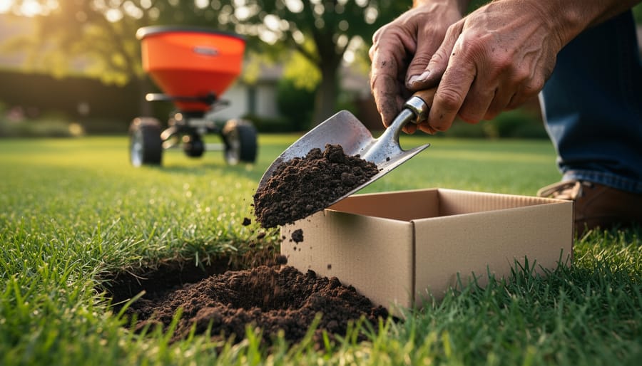 Hands use a trowel to place a deep soil sample into a plain box next to green turfgrass, with warm golden light and a softly blurred yard and seed spreader in the background.