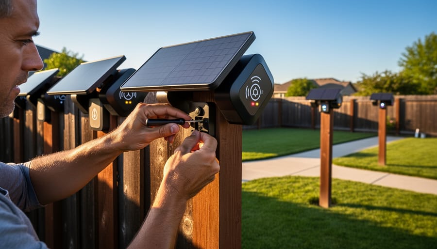 Homeowner installing smart solar light in garden bed with proper solar panel positioning