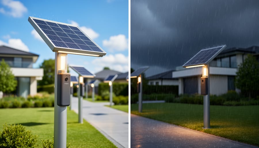 Close-up of solar panel and battery system on smart outdoor light fixture