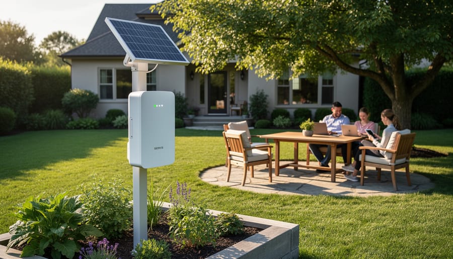 Solar panel mounted in garden providing power for outdoor WiFi equipment